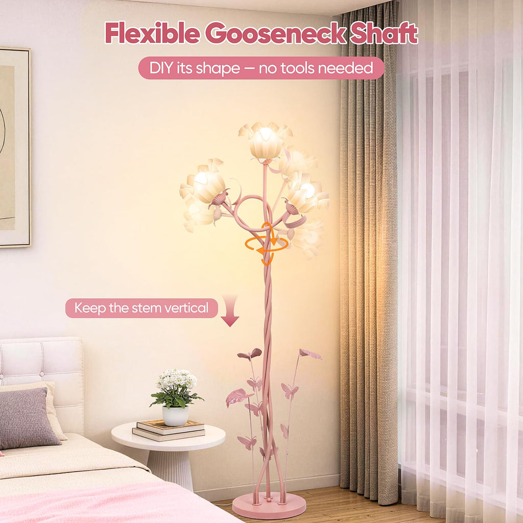 Flower Floor Lamp, 3-Head Whimsical Pink Floor Lamp with Flexible Gooseneck, 67'' Tall Retro Floral Standing Lamp