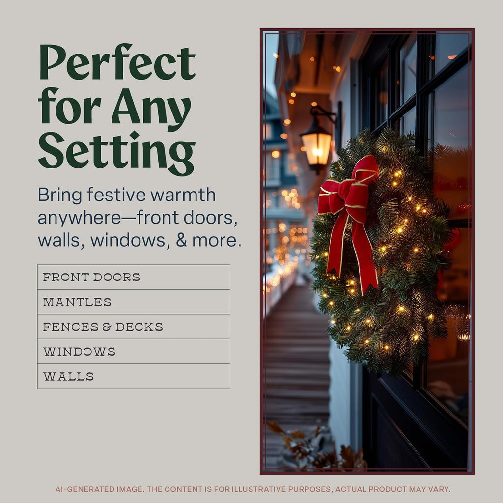 Battery Operated Wreath for Front Door. Pre-Lit Evergreen Xmas Lighted Holiday Christmas Outdoor Timer, 24", Red