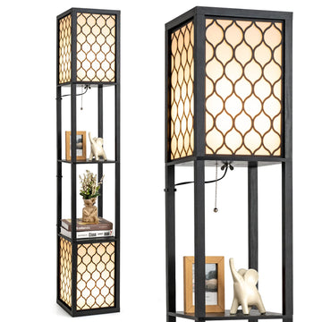 Modern Shelf Floor Lamp, Freestanding Double Lamp w/ 2-Tier Wood Shelf & White Lampshade, E26 Bulb Base, Pull Chain &