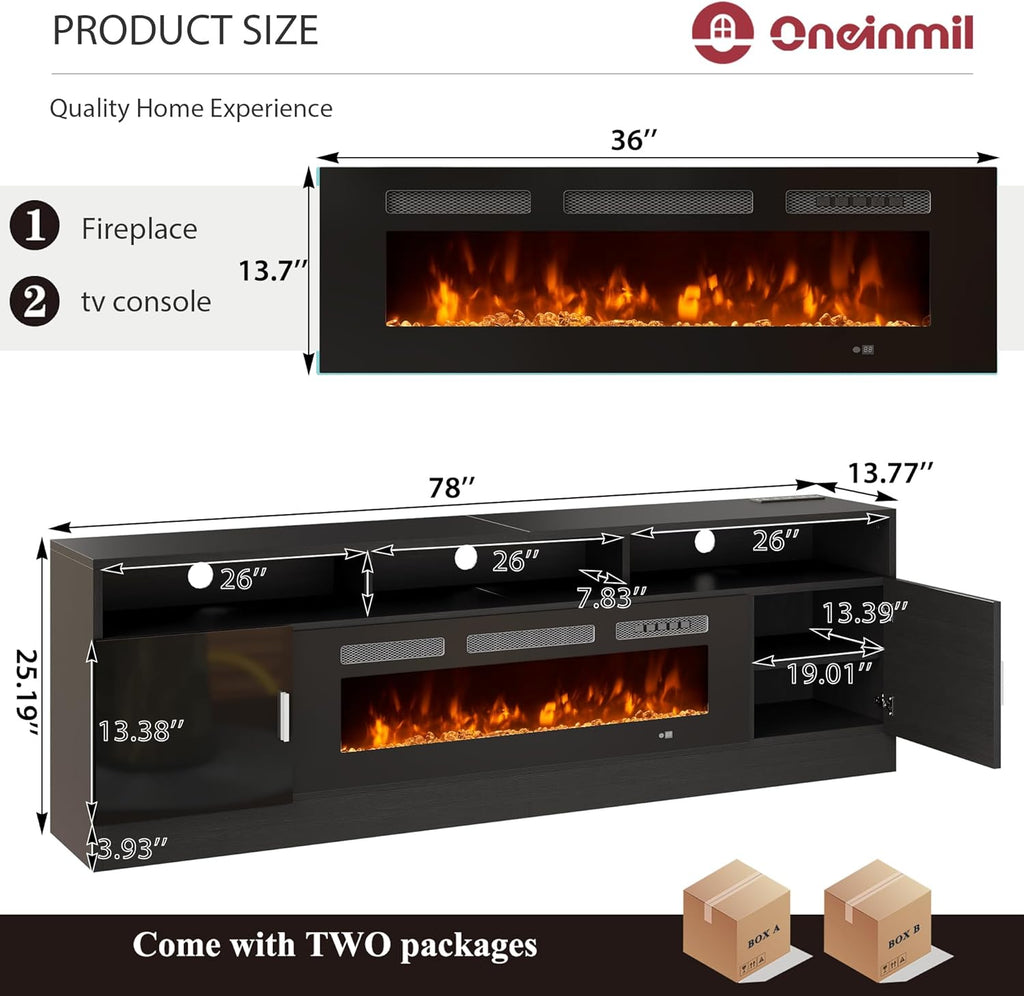 80" Fireplace TV Stand with Power Outlet for TVs UP to 90", Electric Fireplace Entertainment Center with LED Lights &