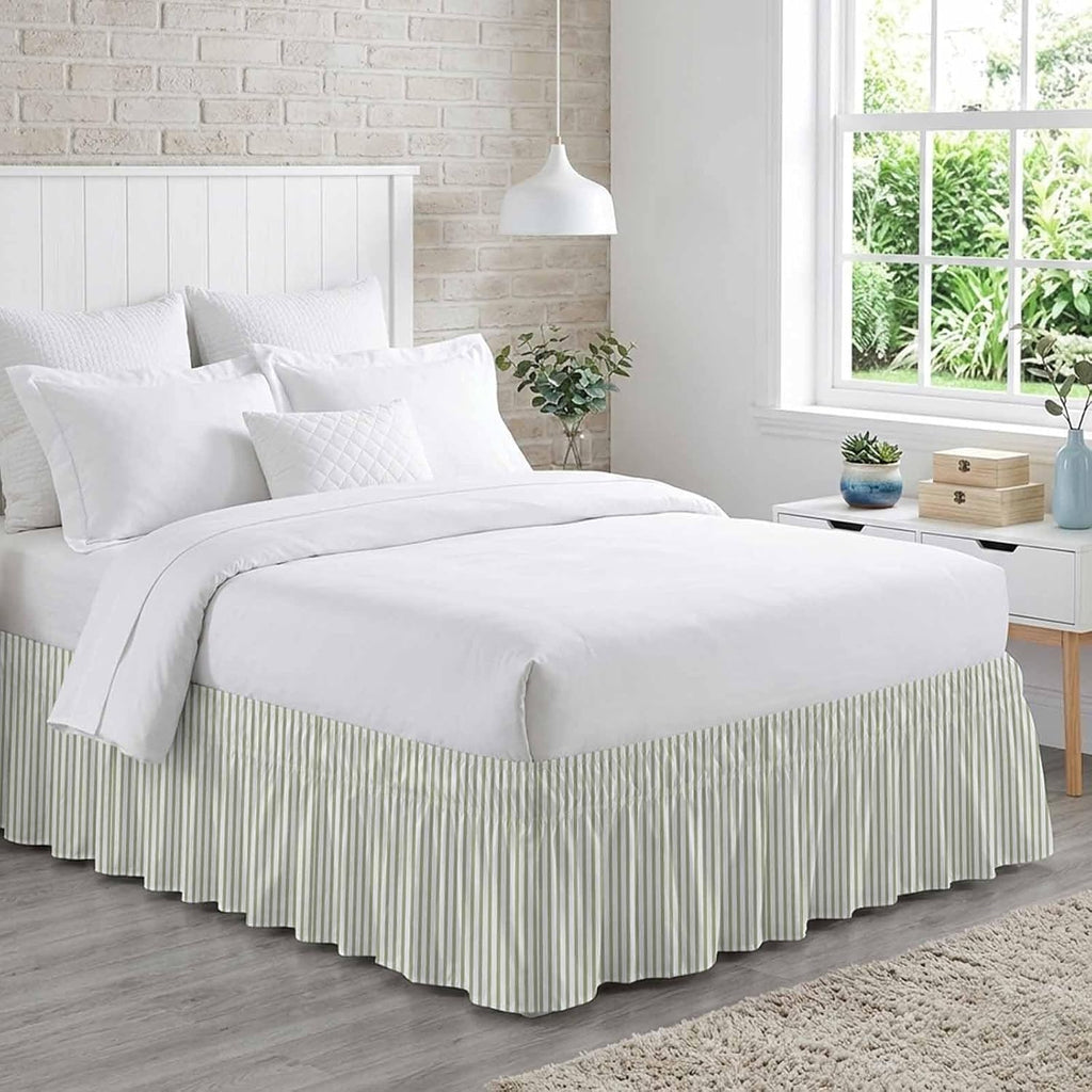Sage Green Vertical Striped Bed Skirt King Size 16 Inch Drop, Adjustable & Elastic Wrap Around Bed Skirts Pleated
