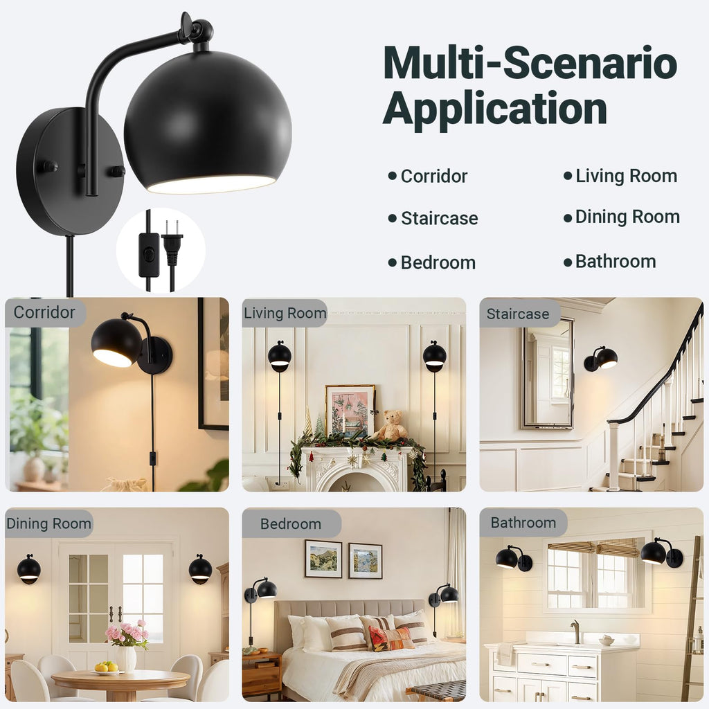 Plug in Wall Sconces Set of 2, Adjustable Angle Black Wall Lights with Plug in Cord & On/Off Switch, Bedside Wall
