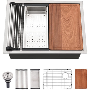 25 Inch Undermount Workstation, 25x19 Stainless Steel Undermount 16 Gauge Single Bowl Workstation Sink with Cutting