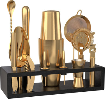 Bartender Kit with Black Bamboo Stand Beautiful Cocktail Shaker Set and Bar Tools Stainless Steel Boston Shaker