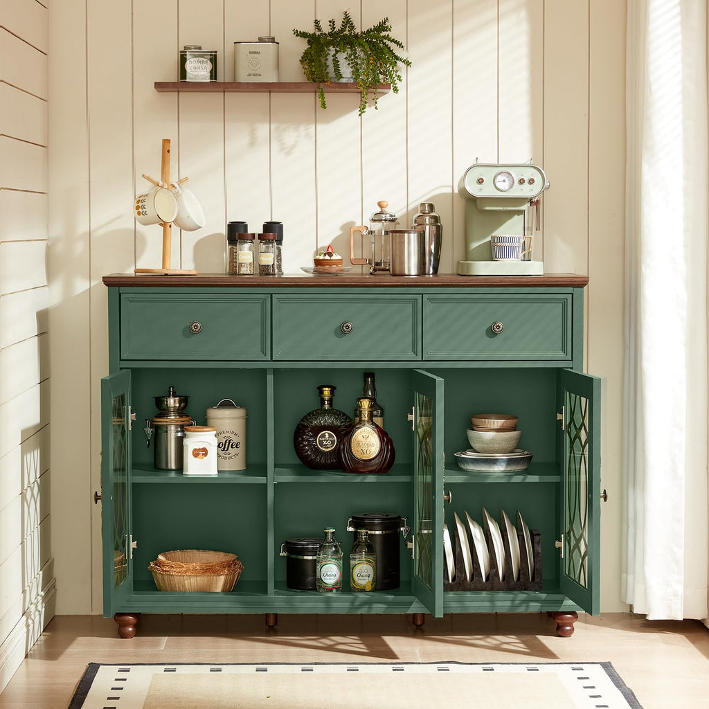 Large Sideboard Buffet Cabinet with Storage, 48" Credenza with 3 Glass Doors & 3 Drawers, Adjustable Shelves Coffee