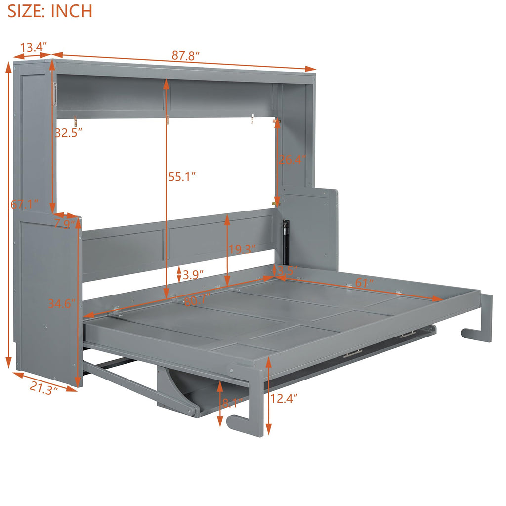Queen Size Murphy Bed, Wood Murphy Wall Bed with Hydraulic Lift & Desk Design, Gray