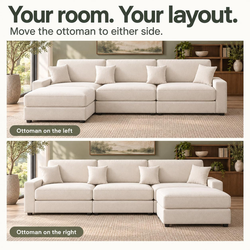 115" L-Shaped Modular Sectional Sofa, Oversized Deep Seat with Movable Ottoman, Chenille Upholstery, Side Pocket & 4