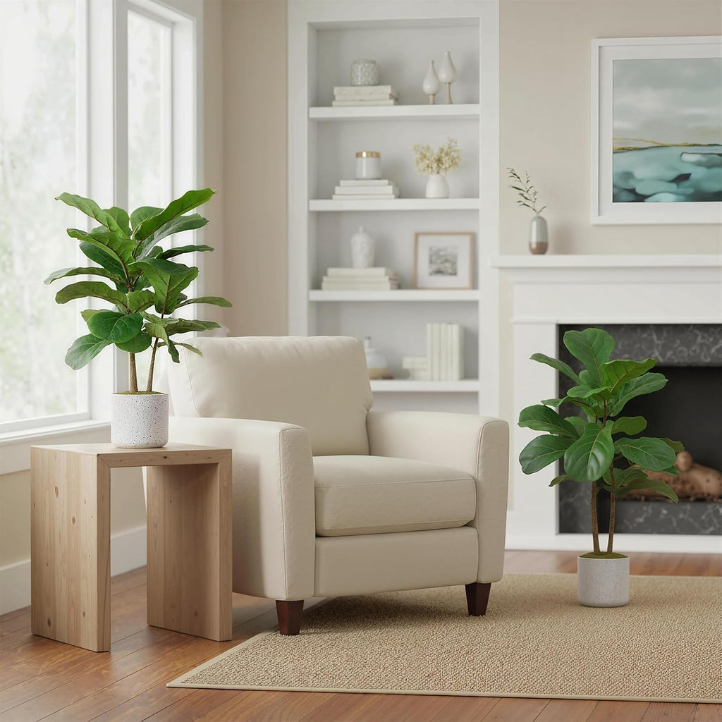 Fiddle Leaf Fig Artificial Tree, Faux Floor Plant with White Planter Pot
