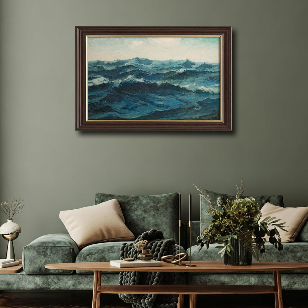 Framed Vintage Ocean Wave Canvas Wall Art, Antique Impressionist Seascape Oil Painting Prints, Teal Blue Coastal Wall