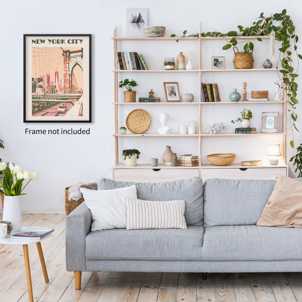 York City Landscape Pink Posters Retro Us Landmarks Scenery Wall Vintage Bridge Canvas Painting Bedroom Wall