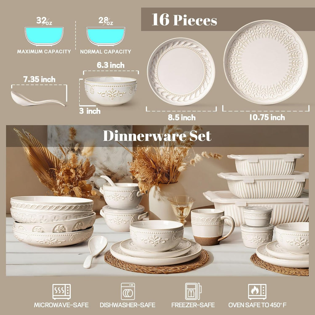 Plates And Bowls Sets, 16 Pieces Dinnerware Sets, Dish Set For 4, Ceramic Kitchen Bowl And Plate Set