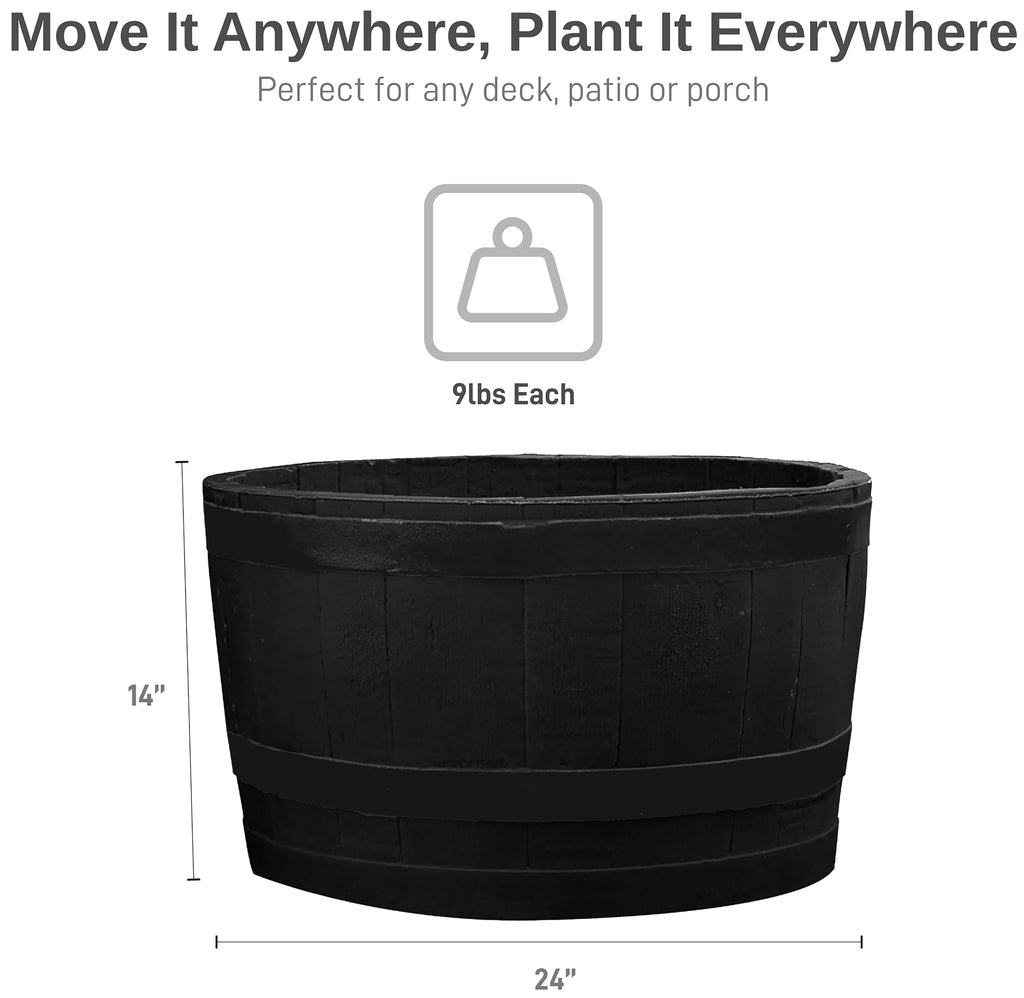 Polyethylene Whiskey Barrel Planter for Indoor or Outdoor Gardening, Black (2 Pack)