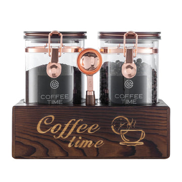 Glass Coffee Canister Set with Torched Wood Shelf, 2 Pack 45oz Airtight Storage Jars with Lids & Spoons, Large