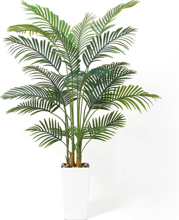 Artificial Palm Trees with Lifelike Natural Trunk, Leaves and Pebbles, 5FT Tall Fake Palm Tree with White Tall