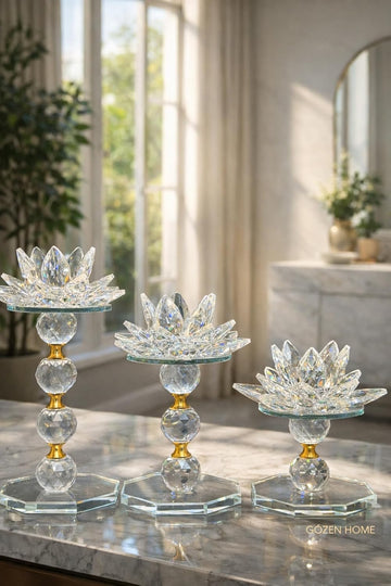 Quality Crystal Lotus Flower Candle Holder Set Gold Accents 3 Piece Glass - Gold - Set of 3