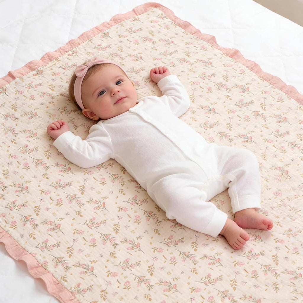 Organic Baby Blanket Flounce Edge Large 50"x43" Floral, 100% Muslin Cotton Super Soft Breathable Toddler Quilt Crib