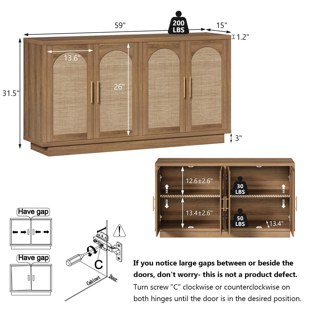 59" Rattan Sideboard Buffet Cabinet with Storage, 4 Arched Doors