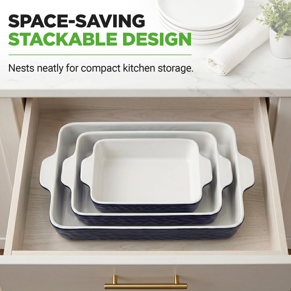 3-Piece Ceramic Casserole Dishes for Oven - Heavy Duty Rectangular Lasagna Baking Pans w/ Premium Nonstick Coating &