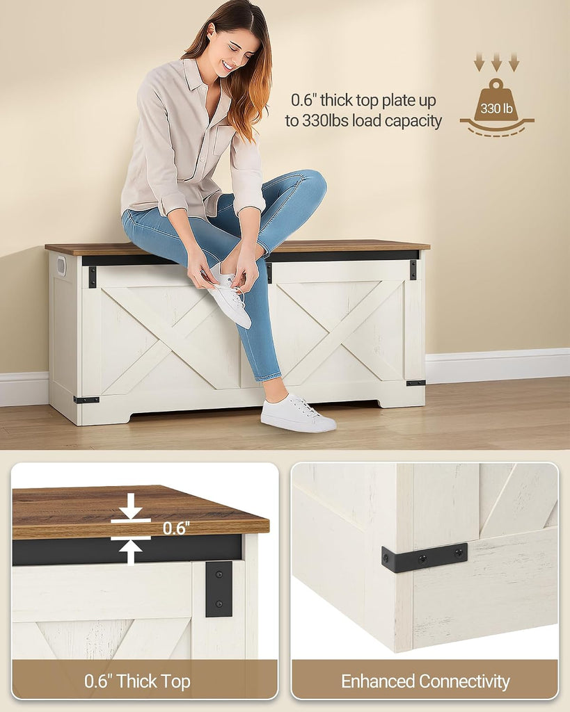 43" Storage Bench, Lift Top, 210L/55Gal Storage Chest | Retro White, Farmhouse, FSC Wood, 330lb, Double Hinges