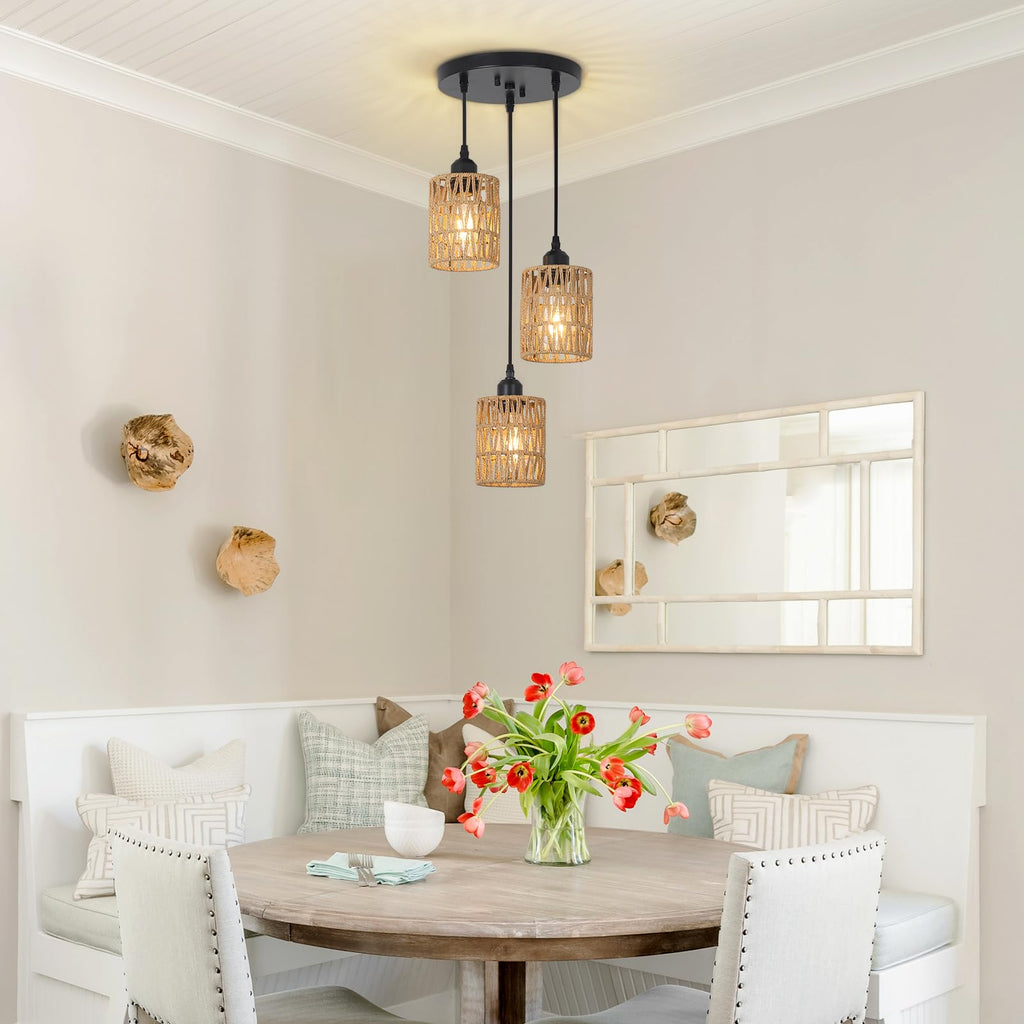 3 Lights Rattan Pendant Light, Farmhouse Dining Room Light Fixtures Ceiling Hanging, Boho Pendant Lighting with Hand