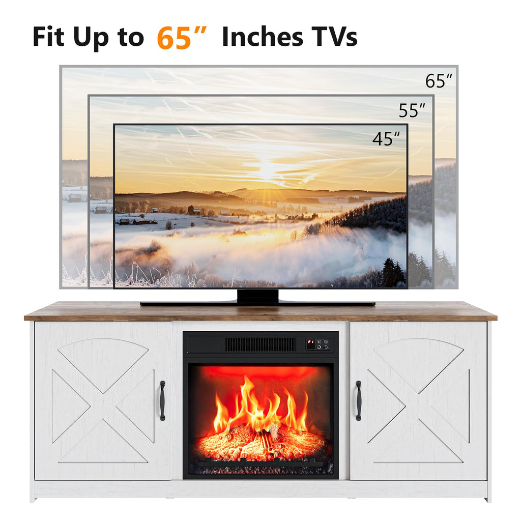 TV Stand with Fireplace and Barn Door for TVs up to 65", White