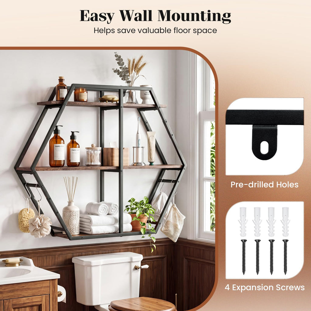 Hexagon Wall Shelf, 3-Tier Geometric Bookcase with 4 S-Shaped Hooks & Heavy Duty Metal Frame, Wall Mounted Industrial