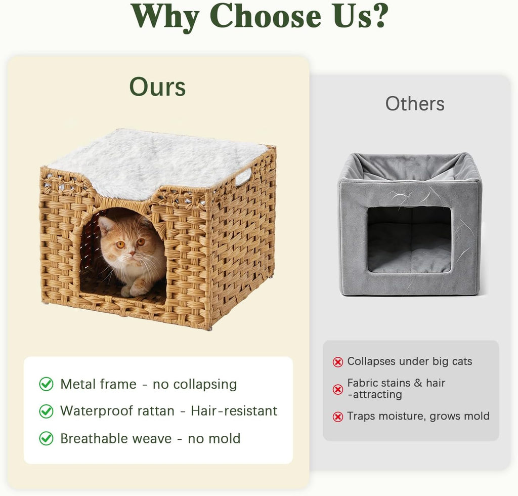 Cat Beds Indoor Kitten House, PE Rattan Cat Cave, Natural