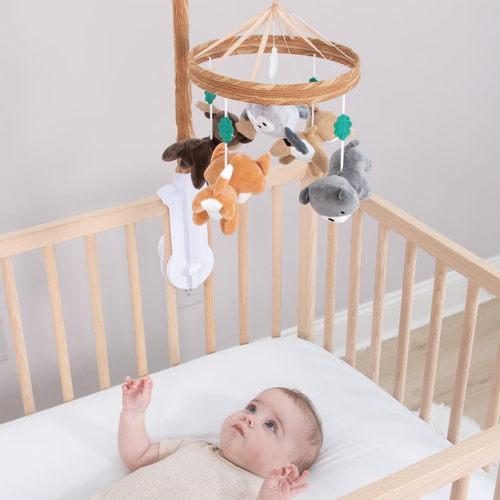 Crib Mobile for Boys or Girls - Woodgrain Musical Baby Crib Mobile with 12 Lullabies, Whimsical Woodland Baby