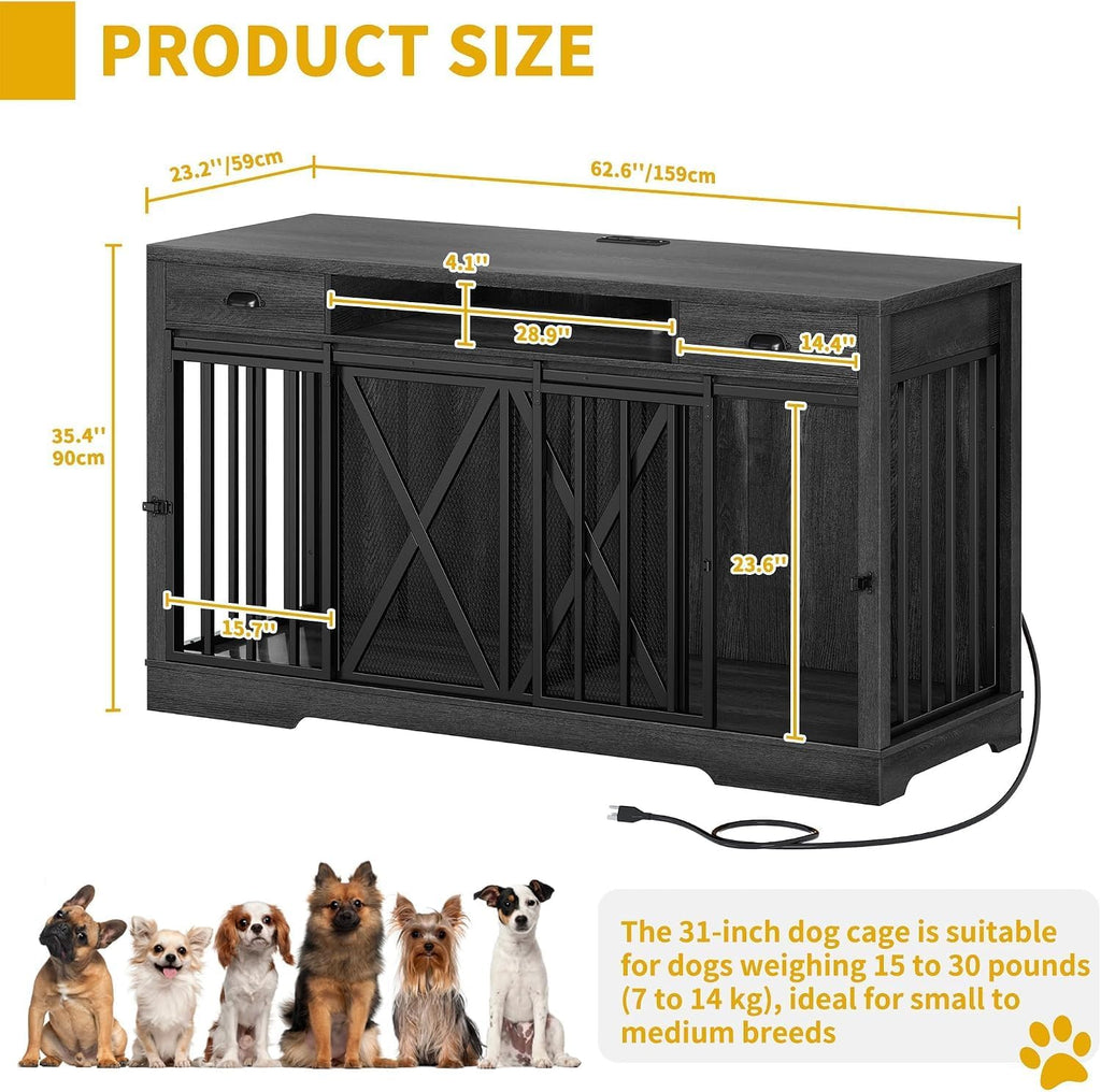 63" Double Dog Crate TV Stand with Charging Station for 2 Dogs