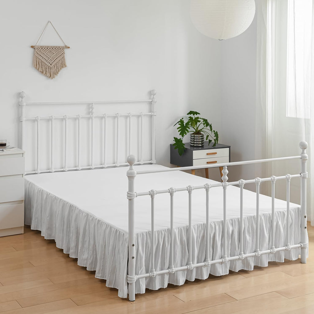 Bed Skirt Queen Size, Ruffled Bed Skirts 18 Inch Drop, White | Striped Boho Tufted, with Split Corners, Easy Fit