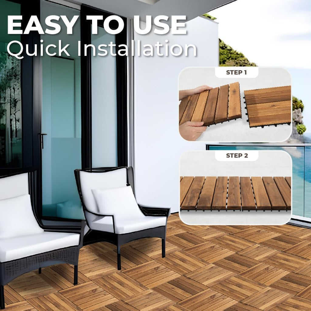 Pack of 10 Deck Tiles - 12"x12" Interlocking Natural Solid Acacia Wood for Outdoor & Indoor, Patio Garden, Balcony