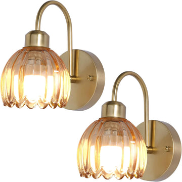 Vintage Battery Operated Wall Sconces Set of Two, Tulip Glass Lampshade Rechargeable Wall Lights, LED 15 Colors Gold