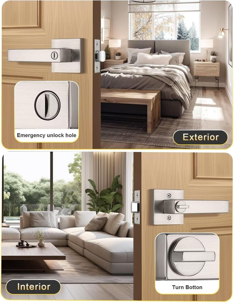 10 Pack Privacy Square Brushed Nickel Door Handles Interior, Keyless Door Knobs /Bathroom, Reversible for Left Right