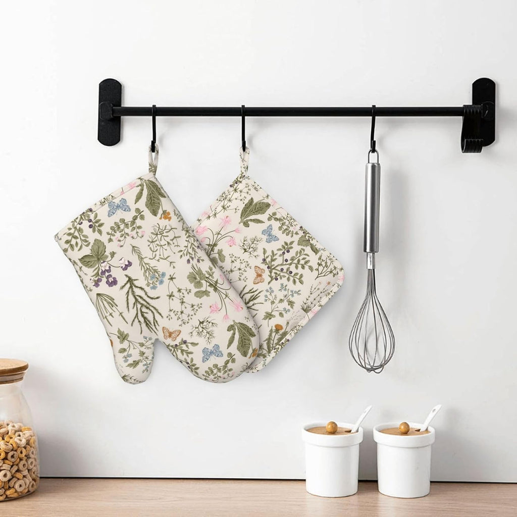 Vintage Wildflower Herbs Floral Rustic Butterfly Oven Mitts Pot Holders Set Silicone Kitchen Gloves Potholders