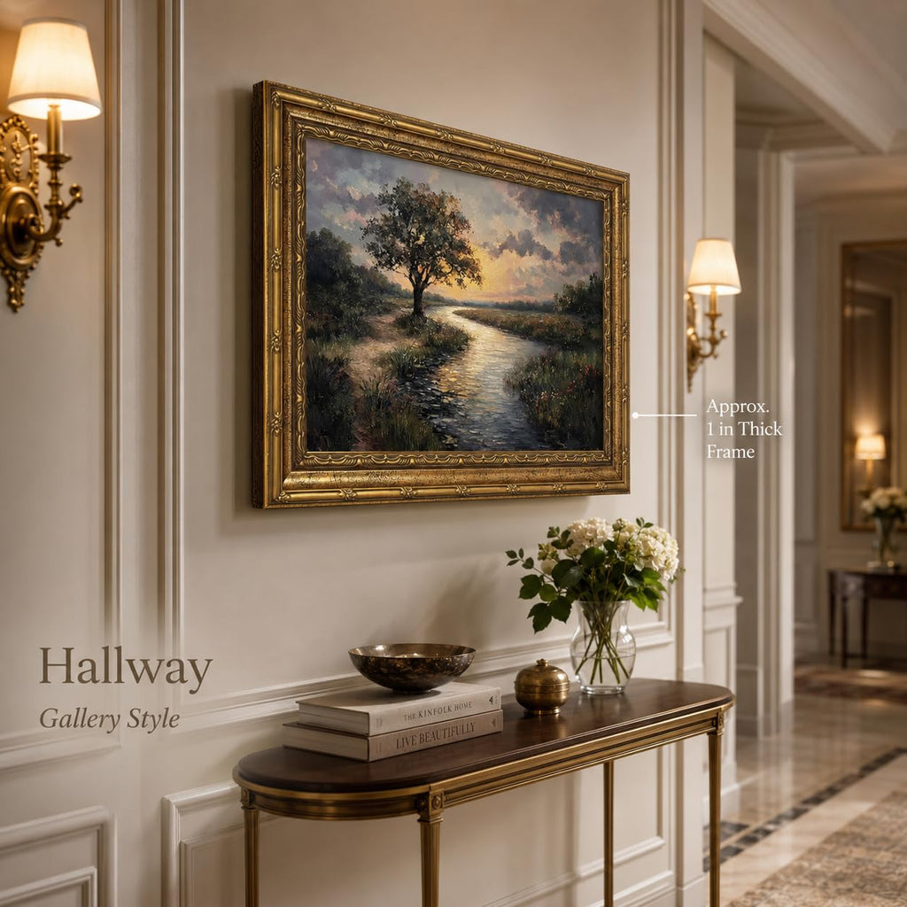 Gold Framed Canvas Wall Art, Serene River Tree Sunset Landscape Painting, Classic Countryside Picture Poster Prints