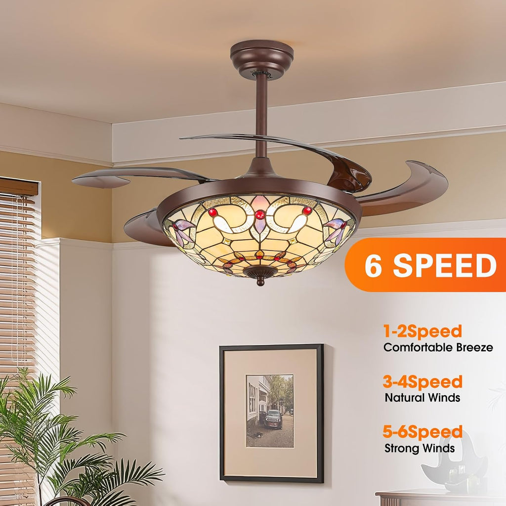 48" Tiffany Retractable Ceiling Fan with Light - (Red Dot, Brown)