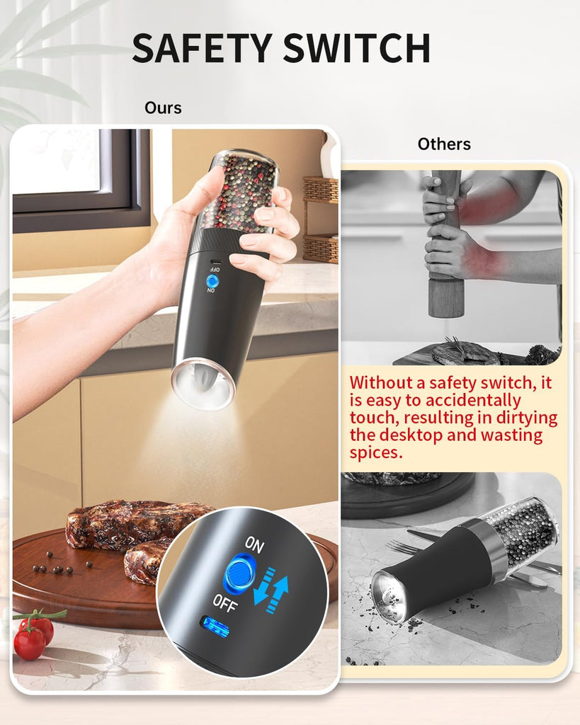 Rechargeable Salt and Pepper Grinder Set Gravity Electric Salt and Pepper Grinder Set, LED Light, Adjustable - Set of 2