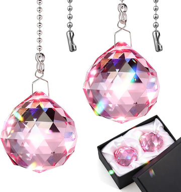 2 Pcs Crystal Prism Ball 40 mm Suncatcher with Chain Hanging Rainbow Pendants Prism for Windows Gift Feng Shui(Pink)