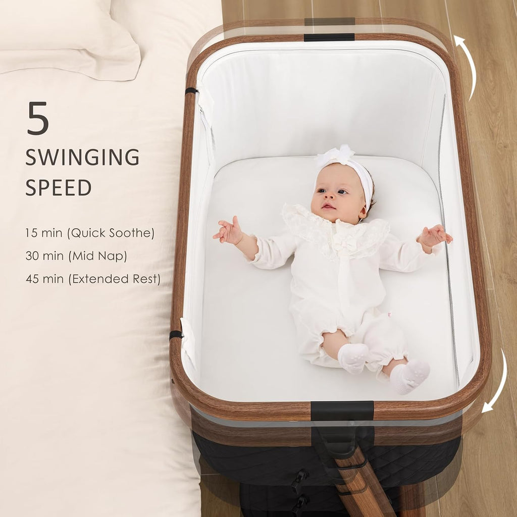 Electric Baby Bassinet, Auto Rocking Bedside Sleeper, 6 Heights with Mattress, Washable Sheet, Remote Control, 5