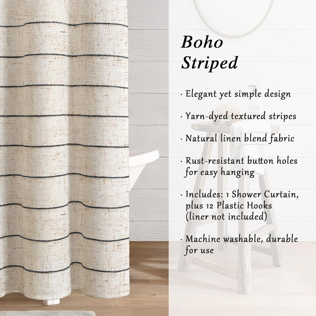 Striped Linen Shower Curtain , Black and Beige 72 W x 72 H | Boho Farmhouse Neutral Tan Bath Curtain