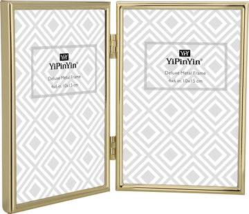 4x6''Hinged Double Simply Gold Metal Picture Frame, Elegant Narrow Plated Metal Photo Frames 4 x 6'' With Soft Touch