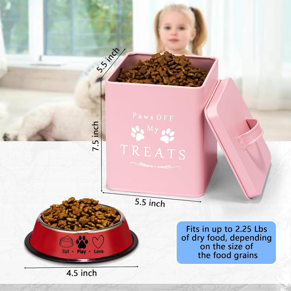 Small Dog Food Container and Dog Treats Container - Tight Lids - Feed Scoop and Pet Food Bowl - Farmhouse Metal