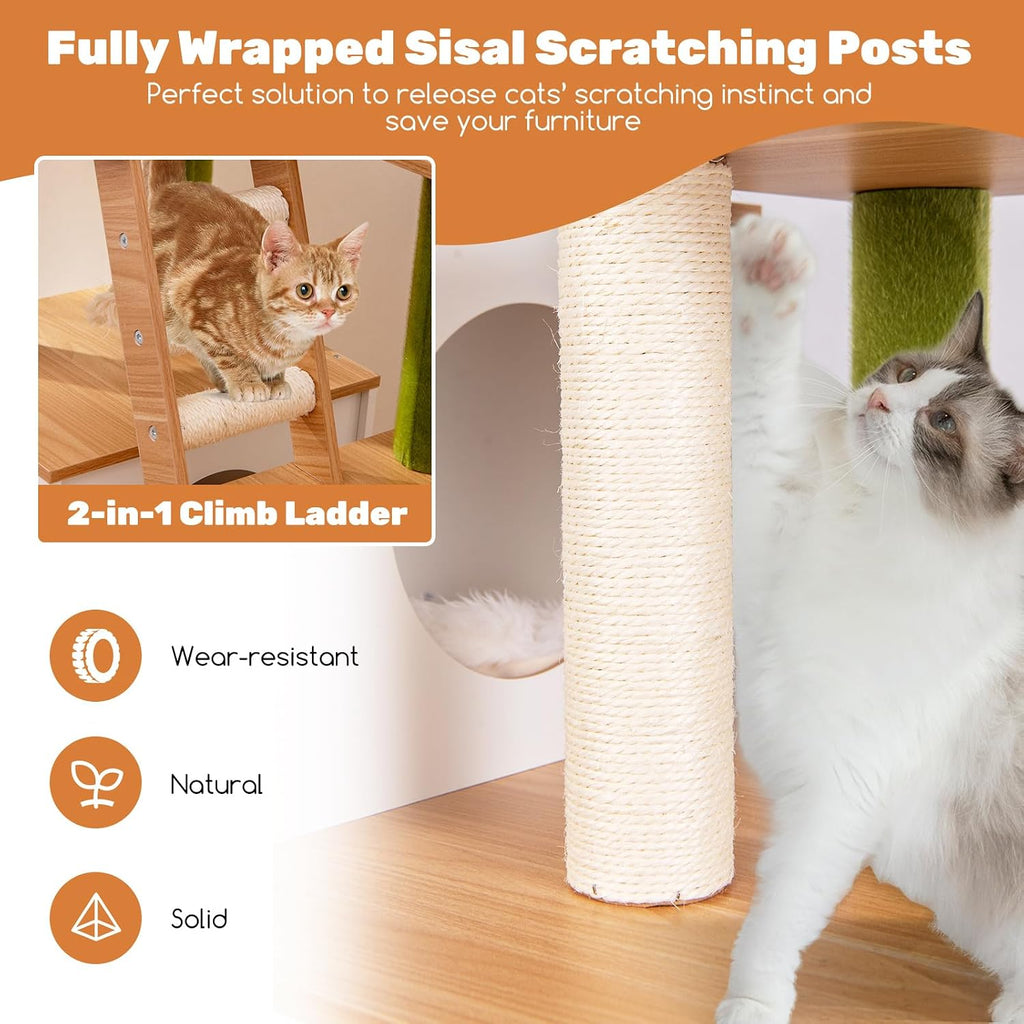 Cat Tree with Litter Box Enclosure, Multi-Level Modern Cat Tree Tower with Sisal Scratching Posts, Cat Condo, Ladder