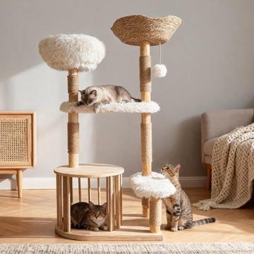 Modern Cat Tree Tower for Indoor Cats, 51" Tall Natural Solid Wooden Cat Tower with Sisal Scratching Post, Luxury Cat