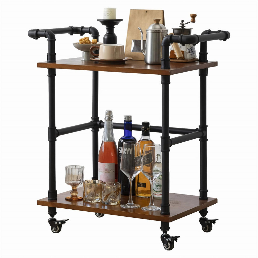 Industrial Pipe Bar Cart, Solid Wood Serving Cart, Rolling Kitchen Cart