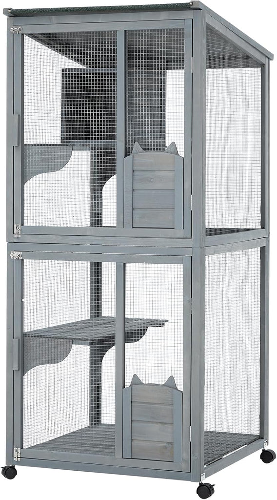 69 in Wooden 4-Tier Cat Catio Enclosure - Indoor/Outdoor Cat Playpen