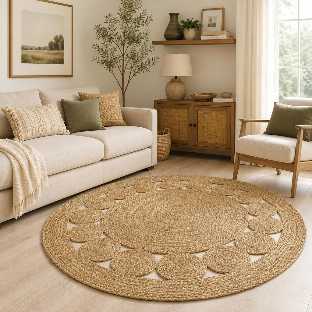 Jute Area Rug 7 ft Round Natural Hand Woven Farmhouse Rustic Charm