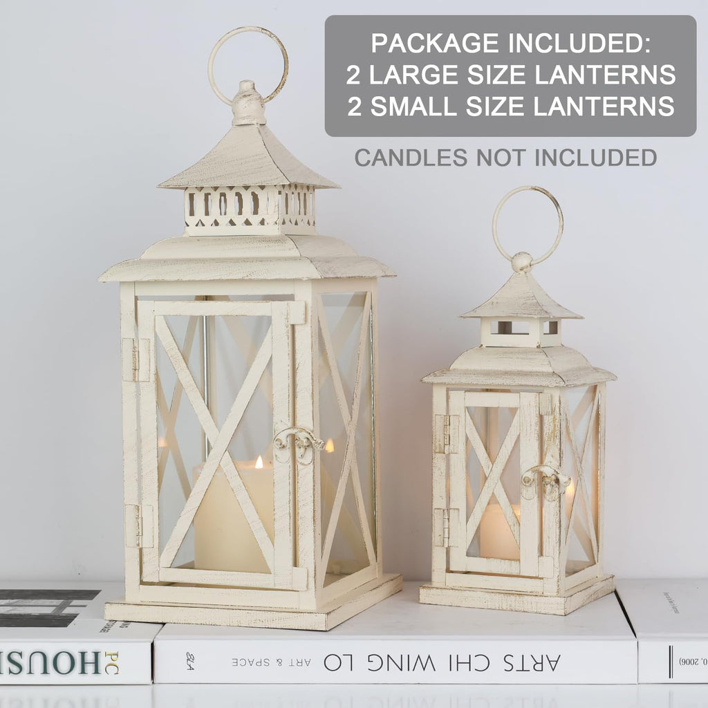 Lanterns Decorative Outdoor&Indoor, Set of 4 (14"&10") Beige Metal Lantern Decor with Glass, Candle Holder for Porch