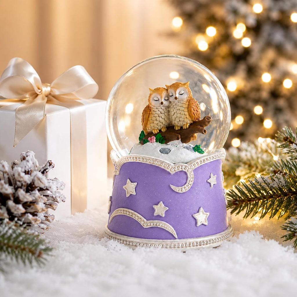 Owl Snow Globe Music Box with Color Lights, Beautiful Dreamer Tune, Glitter Musical Snow Globe, Rotating Owls