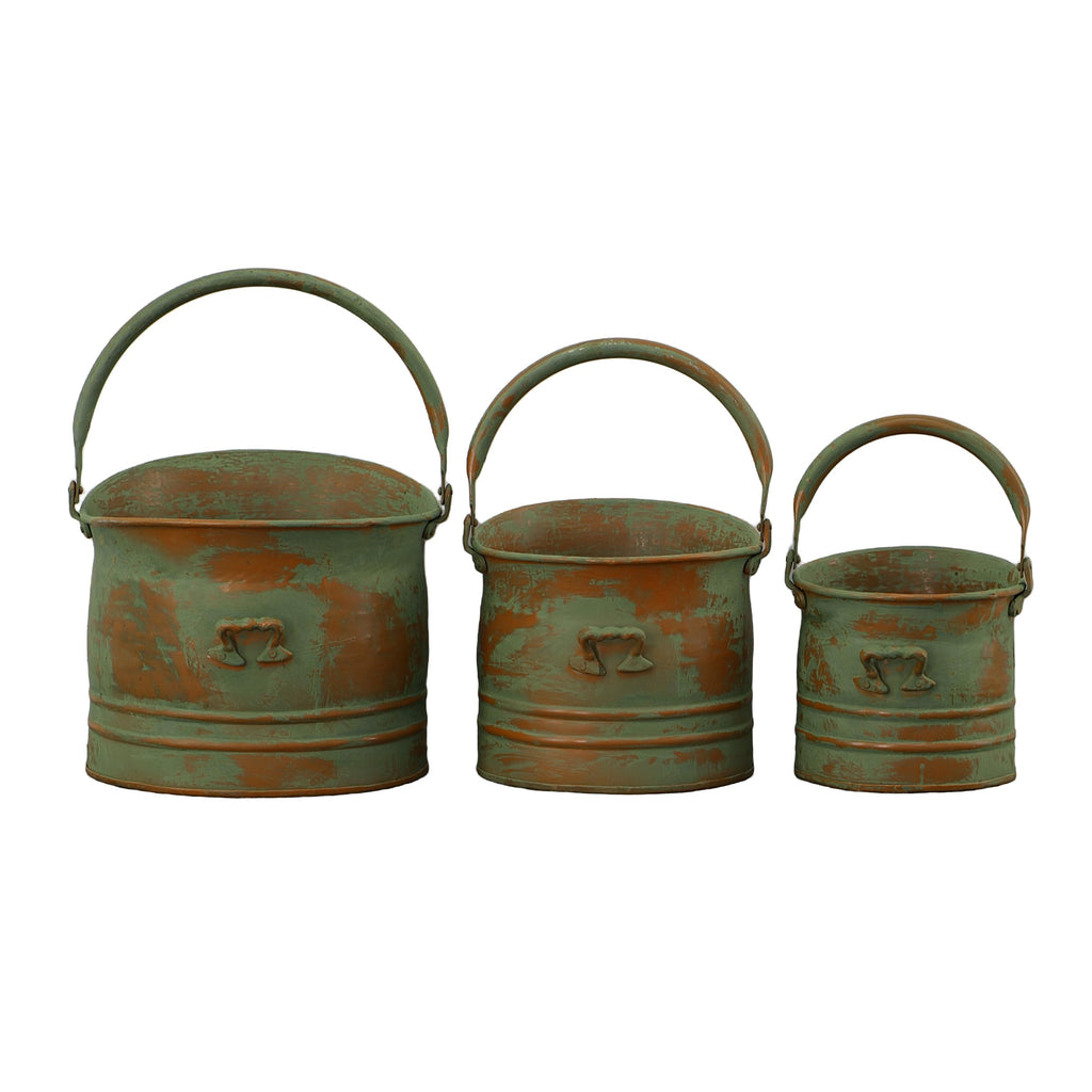 Benjara Tinged Metal Bucket Planter Set of 3, Patina Rust Green Finish, Decorative Planters with Side Handles, Rustic